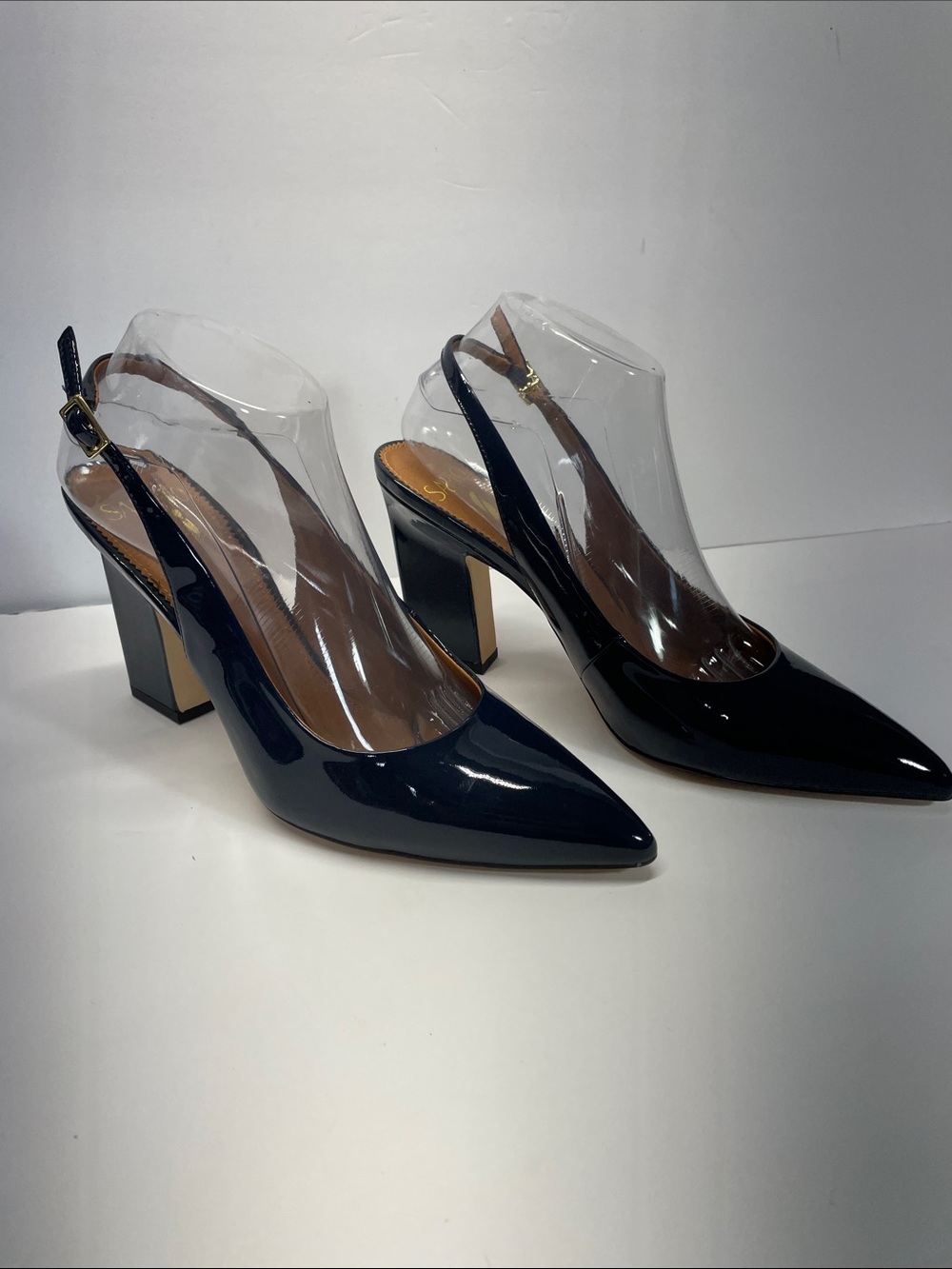 Sarto Glossy Navy dark blue Pointed Slingback Block Heels